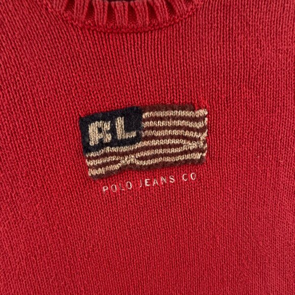 Ralph Lauren Polo Jeans Women Flag Sweater Medium Red Long Sleeve Knit Cotton - Picture 2 of 16